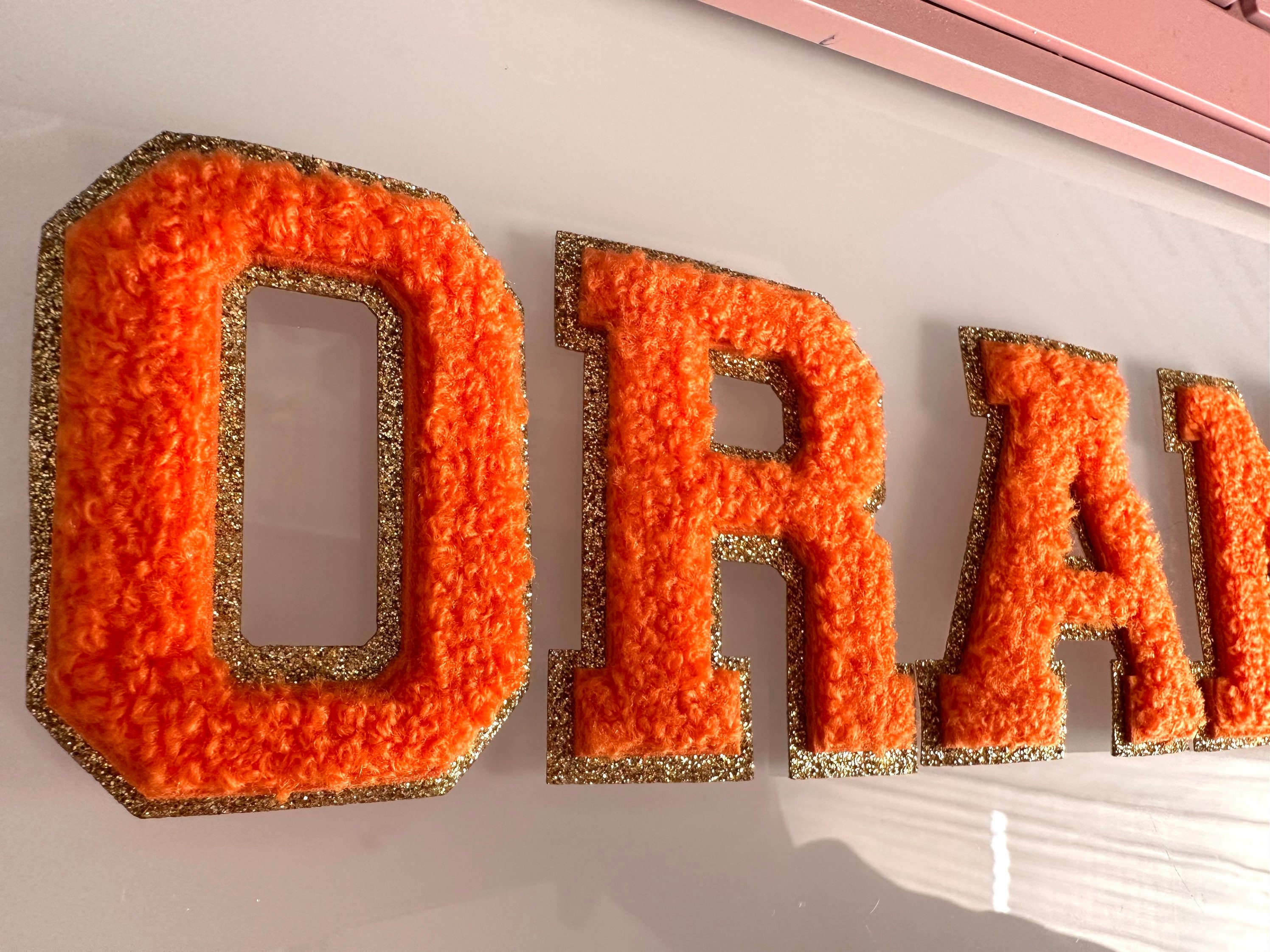 Orange Chenille Letter Patch: 3" Iron On Letters, Glitter Detail