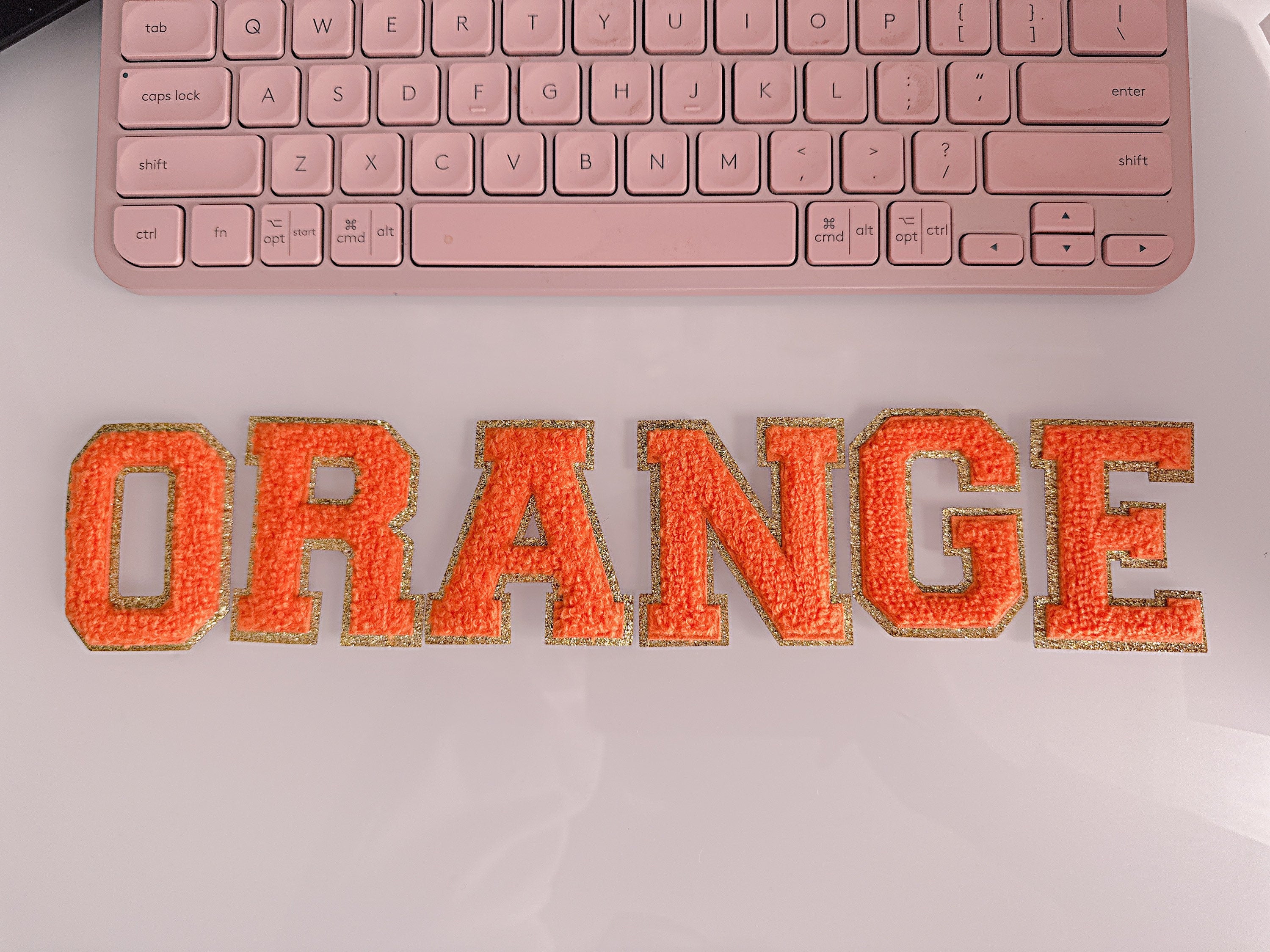 Orange Chenille Letter Patch: 3" Iron On Letters, Glitter Detail