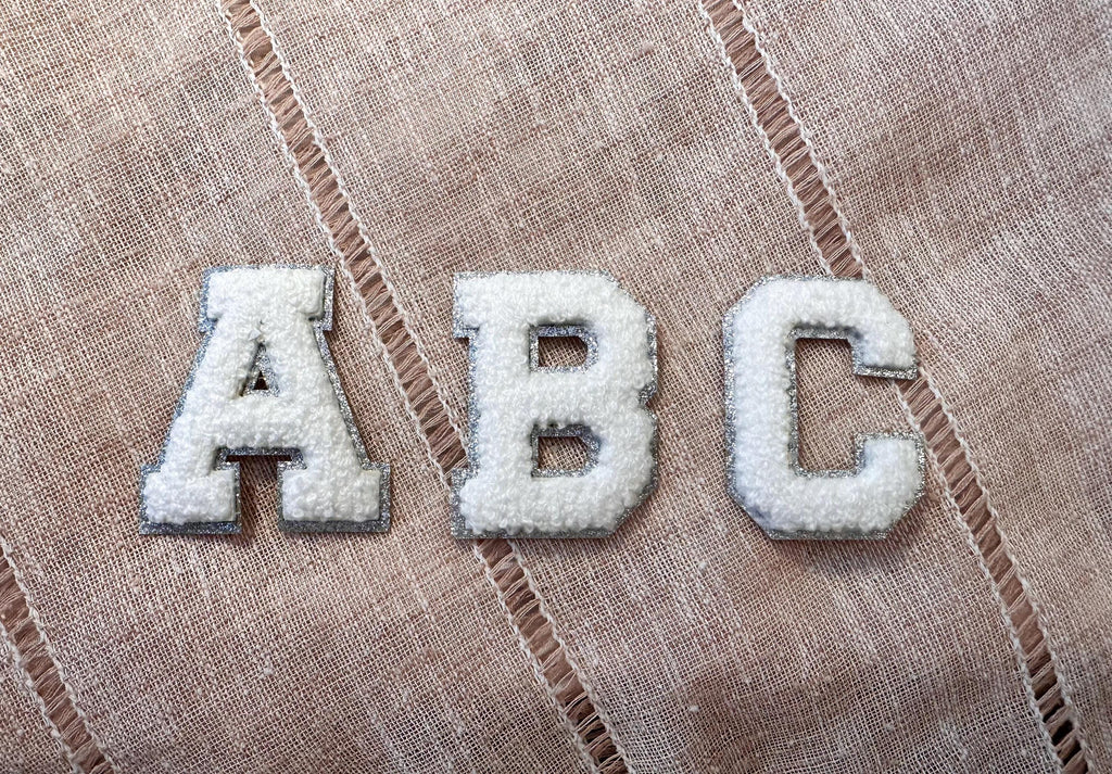 2.35" Chenille Letter Patch: Silver Glitter Trim, Iron On