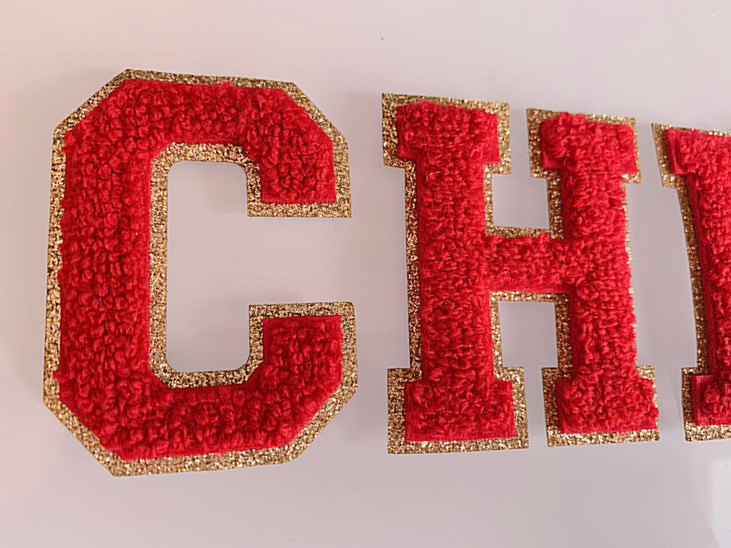 Chenille Letter Patch: 2.35 Inch Iron On, Glitter Detail