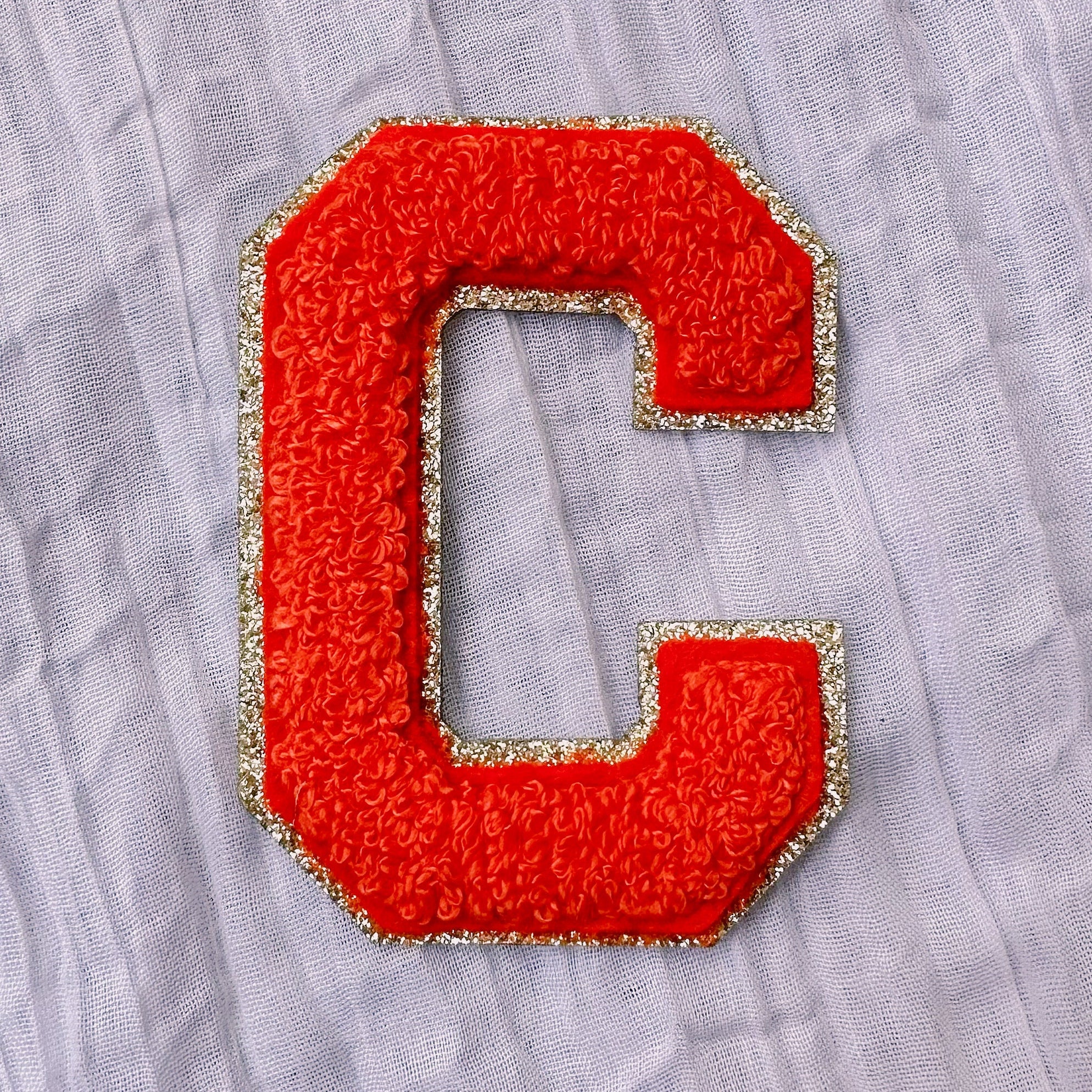 Orange Chenille Letter Patch: 3" Iron On Letters, Glitter Detail