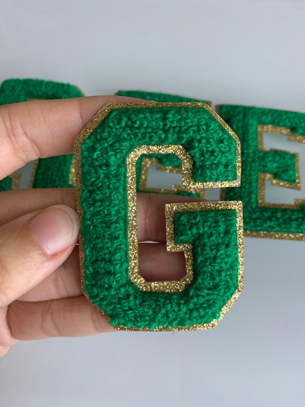 Green Chenille Letter Patch: 3 Inch Iron On with Gold Glitter