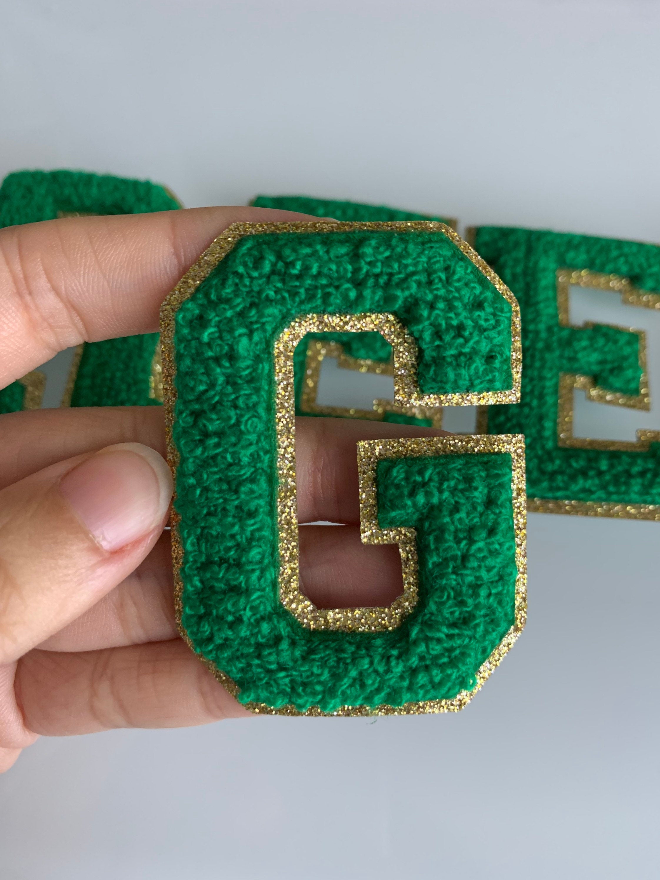 Green Chenille Letter Patch: 3 Inch Iron On with Gold Glitter