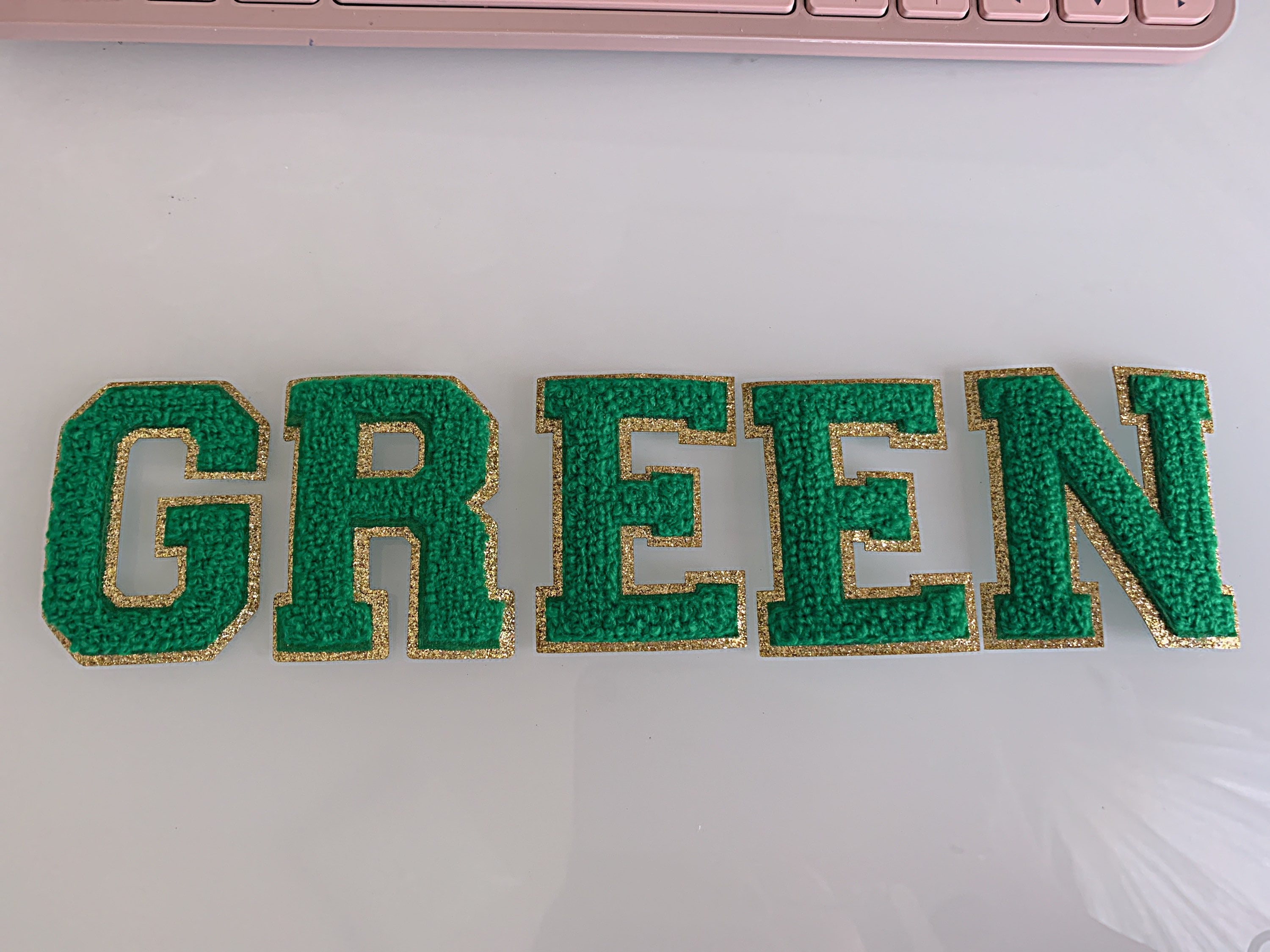 Green Chenille Letter Patch: 3 Inch Iron On with Gold Glitter