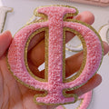 Chenille Greek letter patch for sorority apparel in 10 colours, 3 inch, iron-on, gold glitter trim