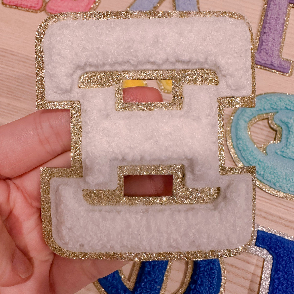 Chenille Greek letter patch for sorority apparel in 10 colours, 3 inch, iron-on, gold glitter trim