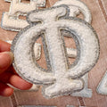Chenille Greek letter patch for sorority apparel in 10 colours, 3 inch, iron-on, silver glitter trim