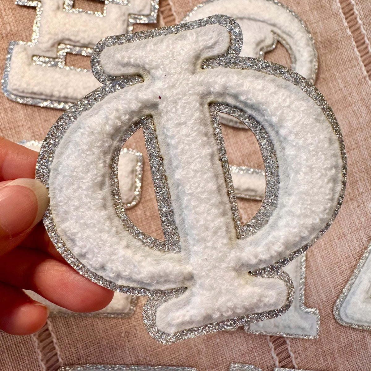 Chenille Greek letter patch for sorority apparel in 10 colours, 3 inch, iron-on, silver glitter trim