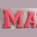 Hot Pink chenille letter patch, 2.35 inch, iron-on, gold glitter trim