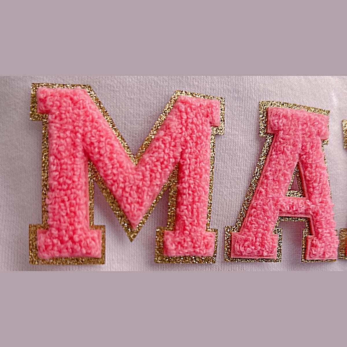 Hot Pink chenille letter patch, 2.35 inch, iron-on, gold glitter trim