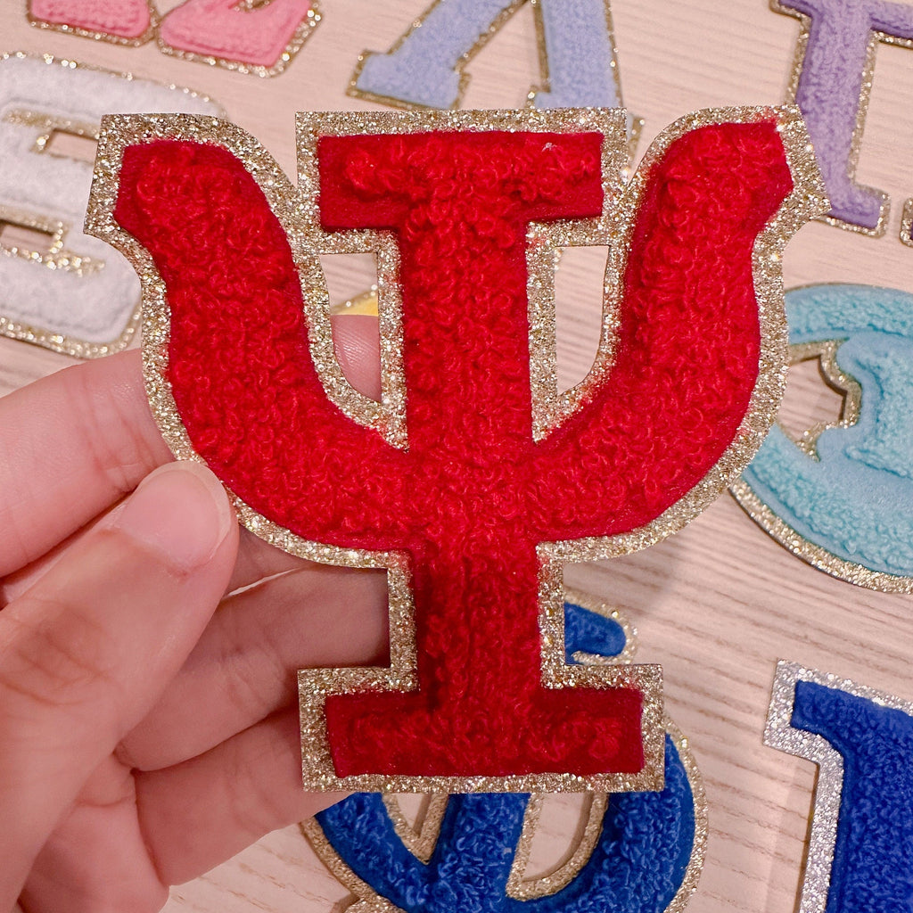 Chenille Greek letter patch for sorority apparel in 10 colours, 3 inch, iron-on, gold glitter trim