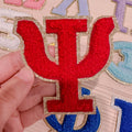 Chenille Greek letter patch for sorority apparel in 10 colours, 3 inch, iron-on, gold glitter trim