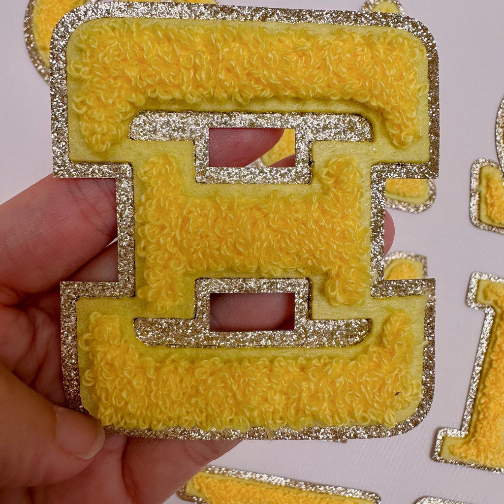 Chenille Greek letter patch for sorority apparel in 10 colours, 3 inch, iron-on, gold glitter trim