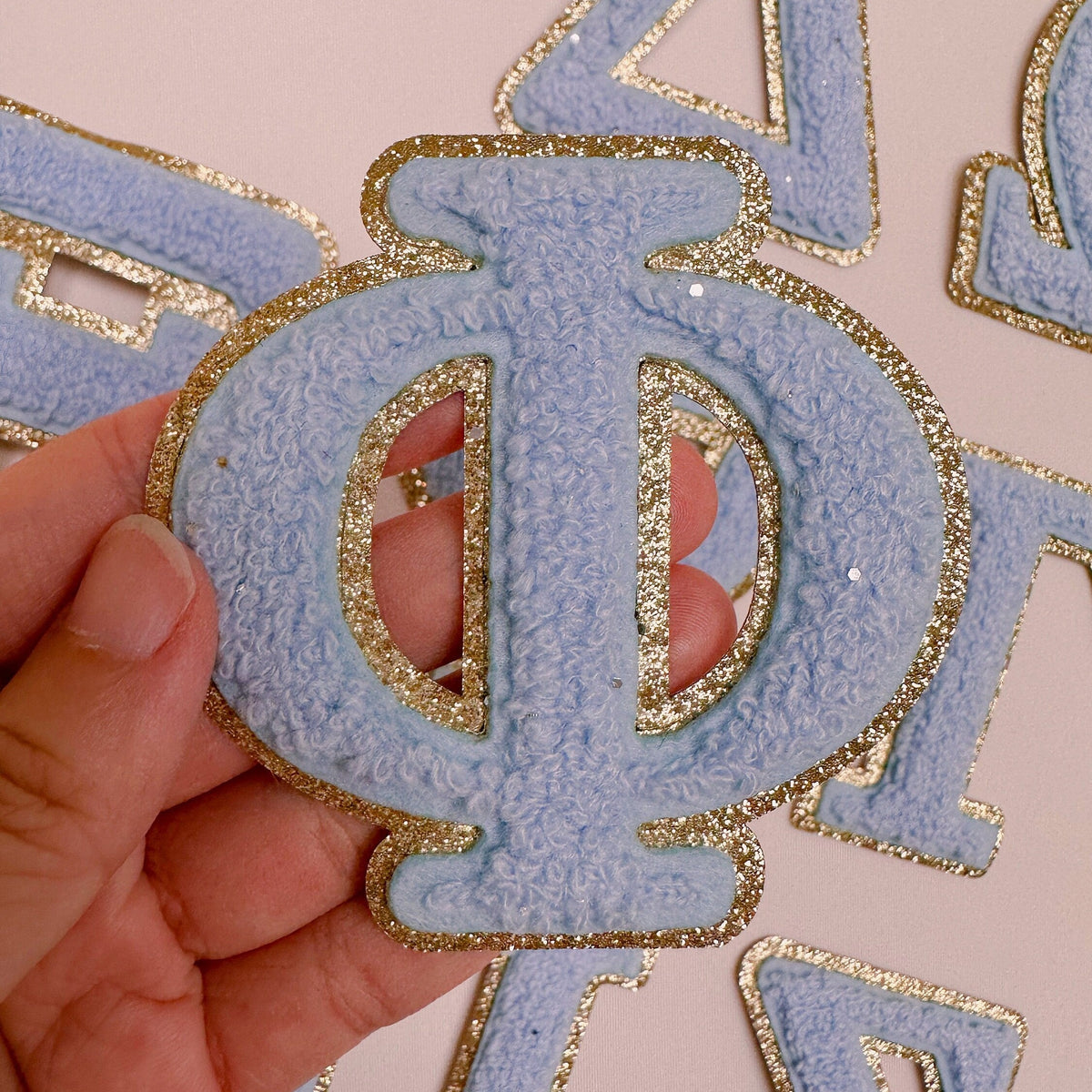 Chenille Greek letter patch for sorority apparel in 10 colours, 3 inch, iron-on, gold glitter trim