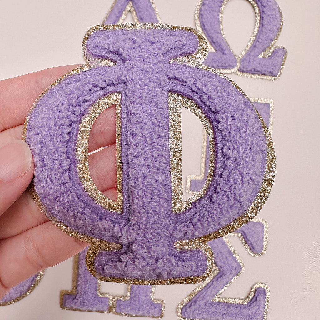 Chenille Greek letter patch for sorority apparel in 10 colours, 3 inch, iron-on, gold glitter trim