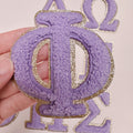 Chenille Greek letter patch for sorority apparel in 10 colours, 3 inch, iron-on, gold glitter trim
