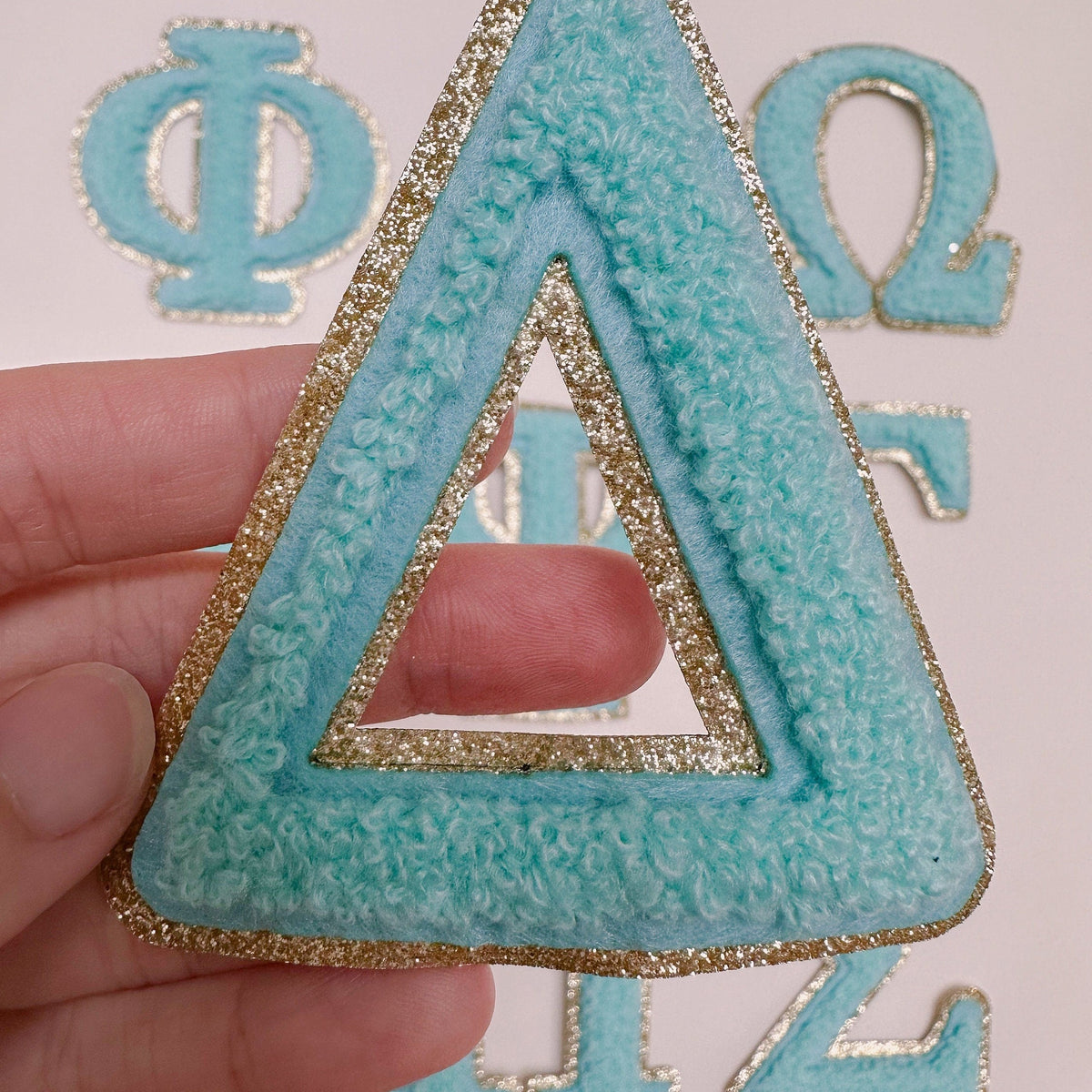 Chenille Greek letter patch for sorority apparel in 10 colours, 3 inch, iron-on, gold glitter trim