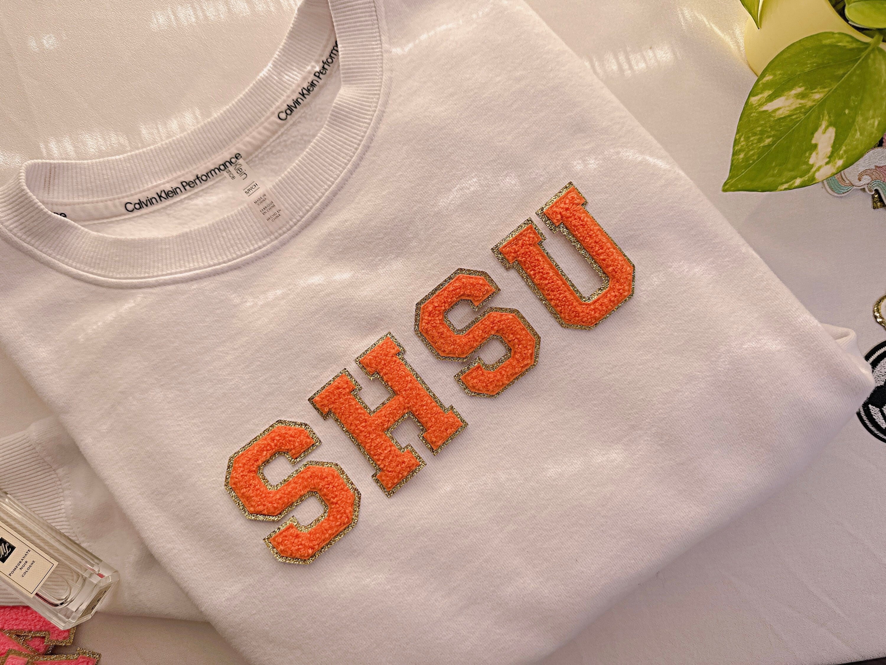 Orange Chenille Letter Patch: 3" Iron On Letters, Glitter Detail