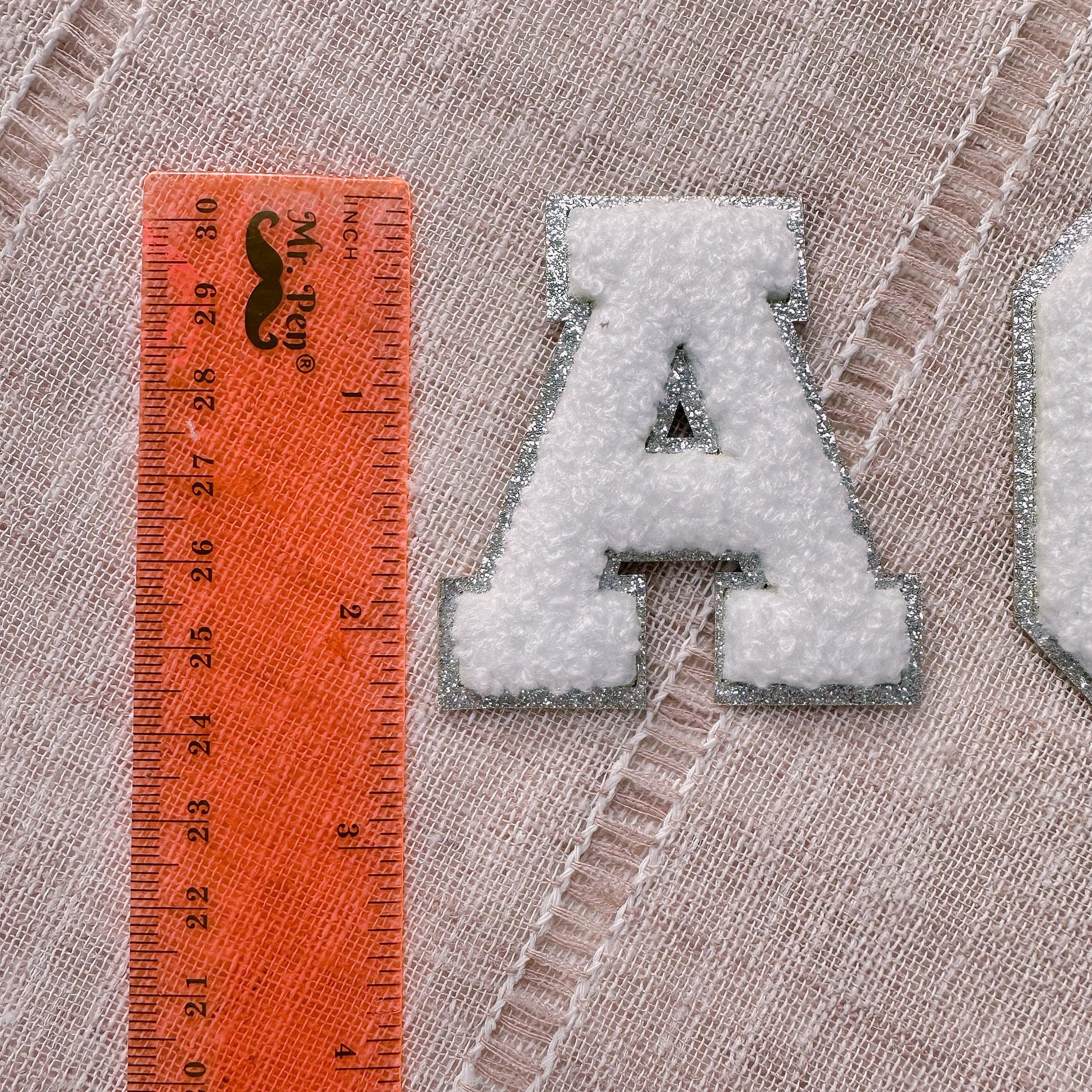 2.35" Chenille Letter Patch: Silver Glitter Trim, Iron On