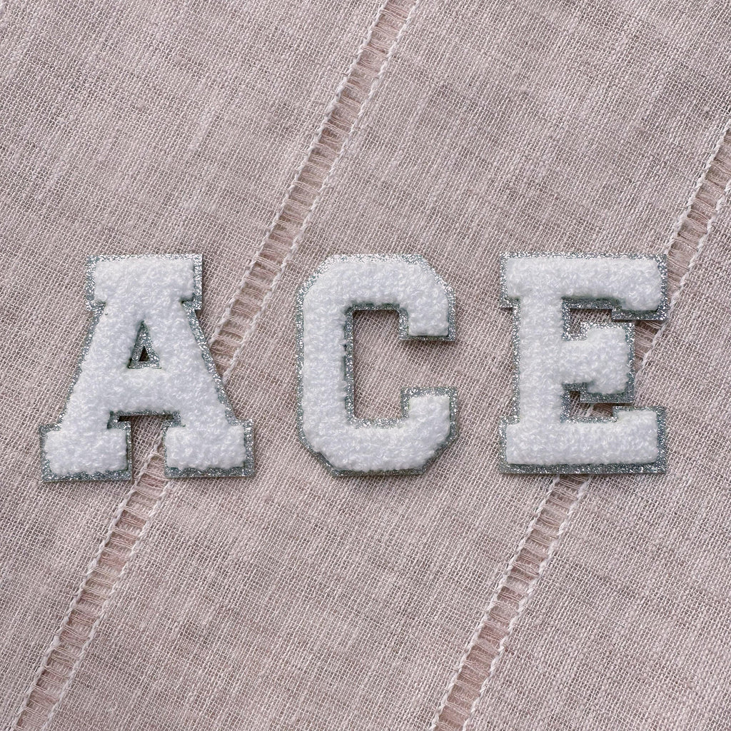 2.35" Chenille Letter Patch: Silver Glitter Trim, Iron On