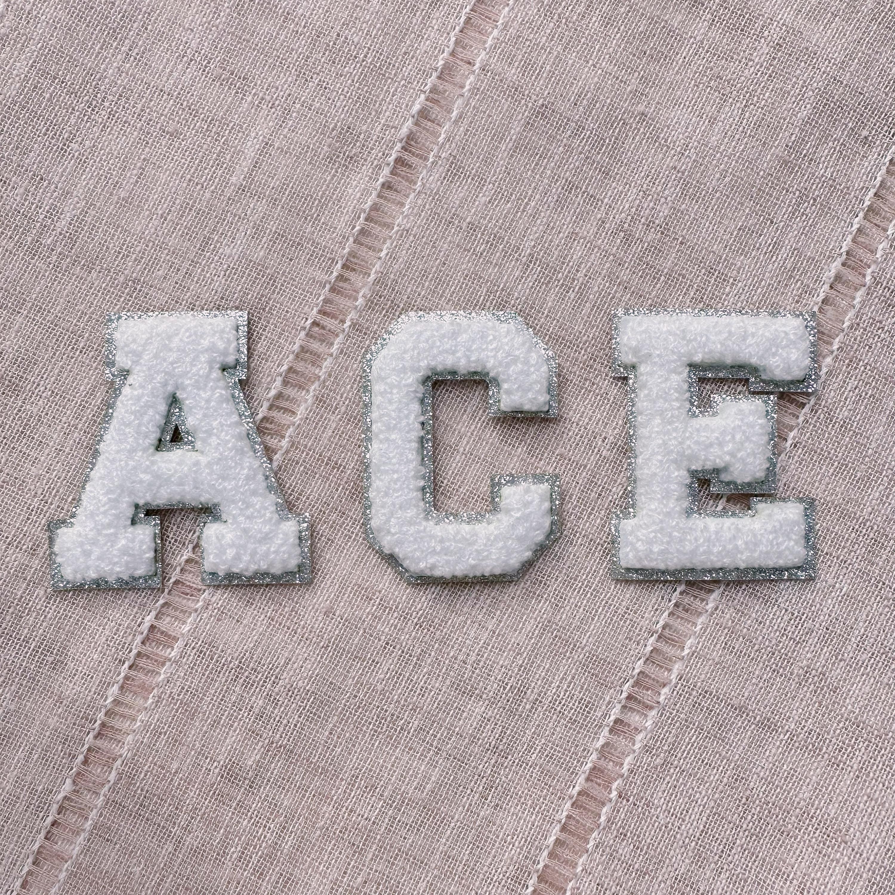2.35" Chenille Letter Patch: Silver Glitter Trim, Iron On