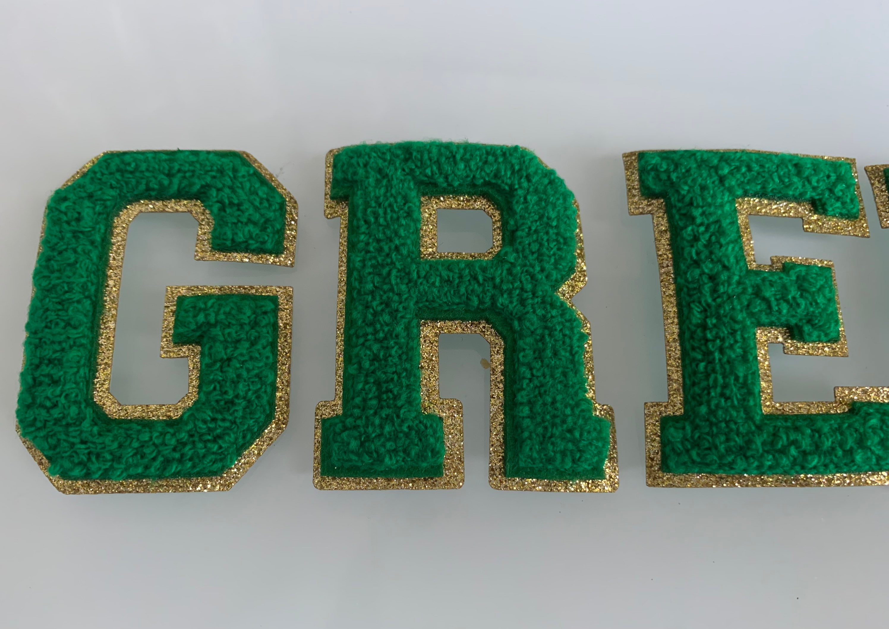 Green Chenille Letter Patch: 3 Inch Iron On with Gold Glitter