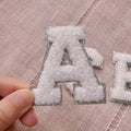 2.35" Chenille Letter Patch: Silver Glitter Trim, Iron On