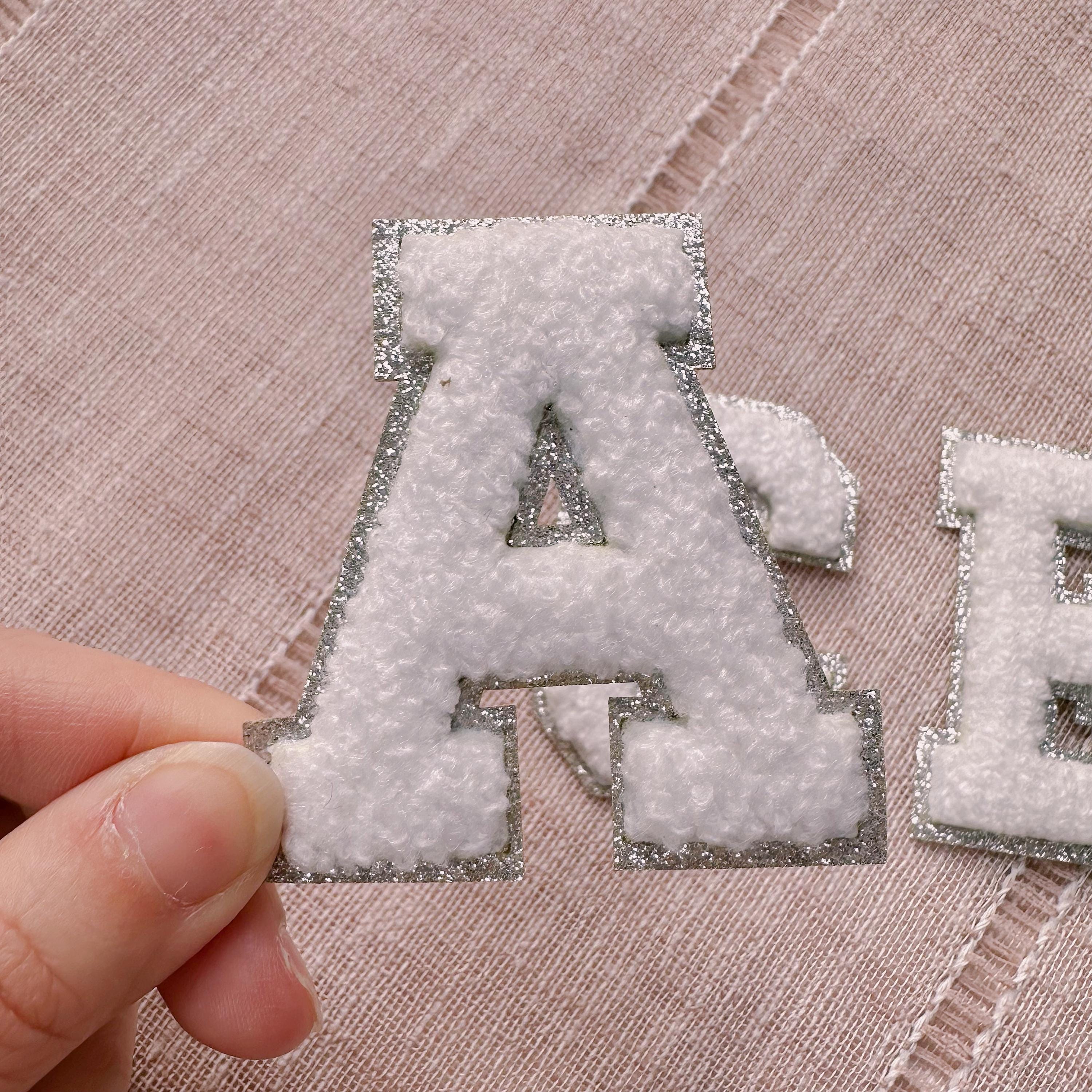 2.35" Chenille Letter Patch: Silver Glitter Trim, Iron On