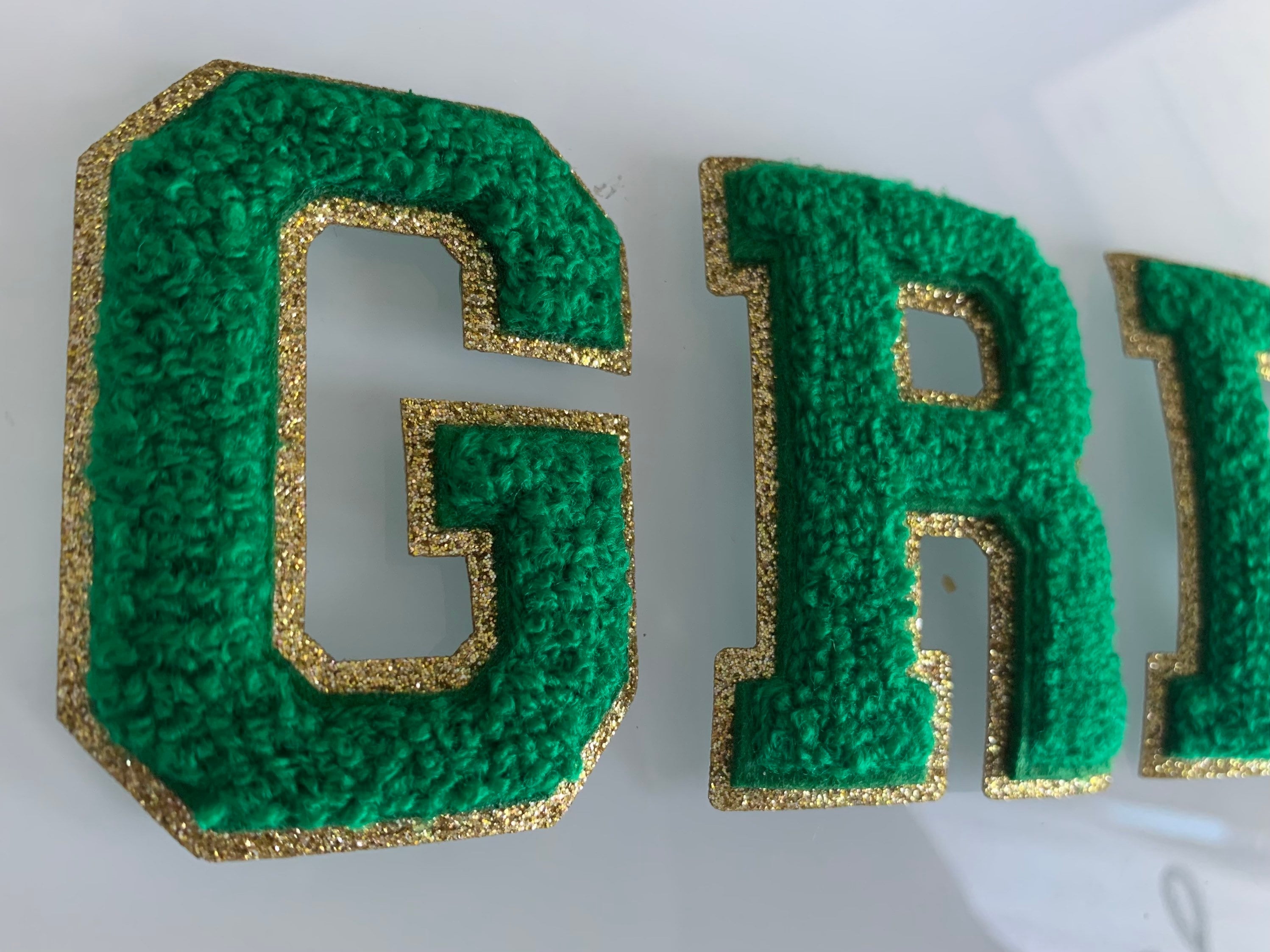 Green Chenille Letter Patch: 3 Inch Iron On with Gold Glitter